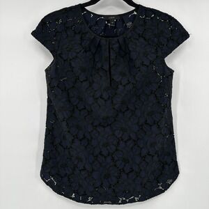J Crew Navy Black Floral Lace Cap Sleeve Keyhole Top Size 00 Pleated Coquette